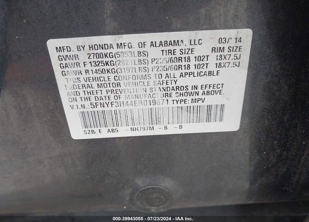 2014 HONDA PILOT EX VIN: 5FNYF3H44EB019671