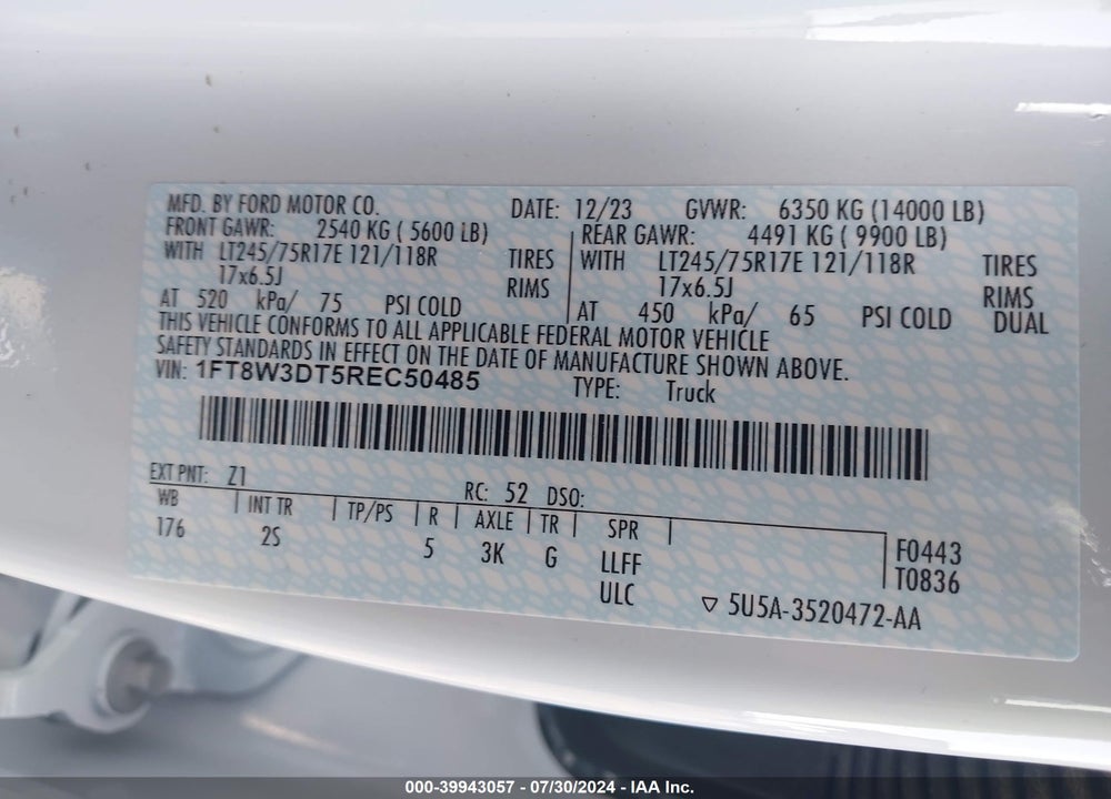 2024 FORD F-350 XLT VIN: 1FT8W3DT5REC50485