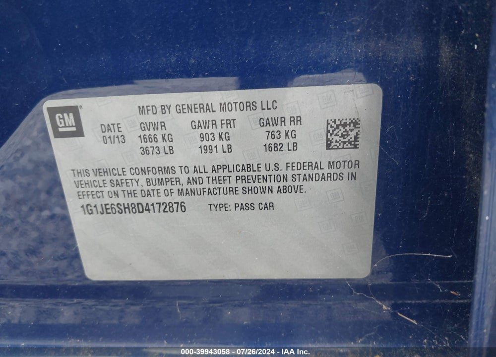 2013 CHEVROLET SONIC LTZ AUTO VIN: 1G1JE6SH8D4172876