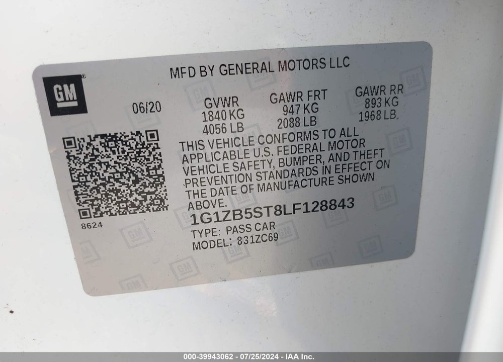 2020 CHEVROLET MALIBU FWD LS VIN: 1G1ZB5ST8LF128843