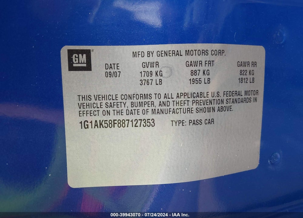 2008 CHEVROLET COBALT LS VIN: 1G1AK58F887127353