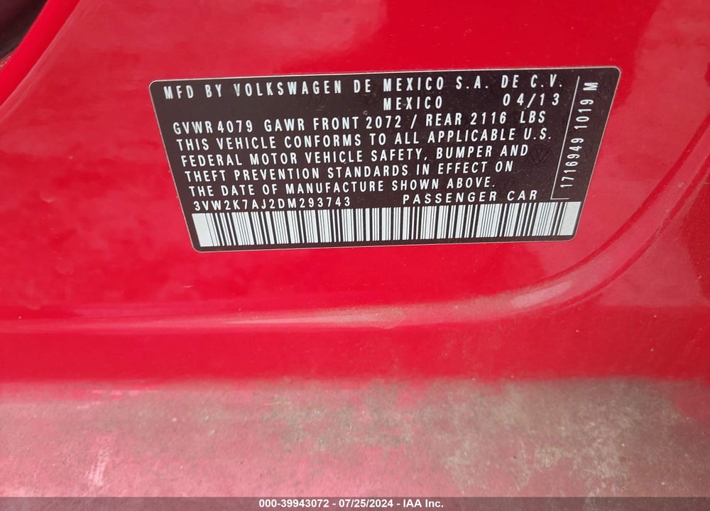 2013 VOLKSWAGEN JETTA 2.0L S VIN: 3VW2K7AJ2DM293743