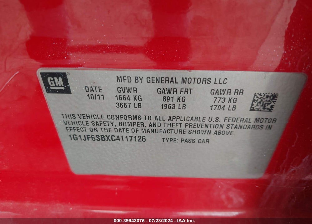 2012 CHEVROLET SONIC 1LZ VIN: 1G1JF6SBXC4117126
