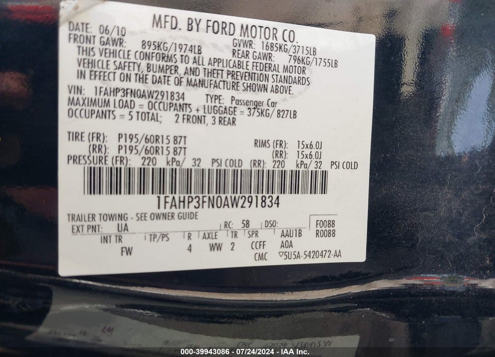 2010 FORD FOCUS SE VIN: 1FAHP3FN0AW291834