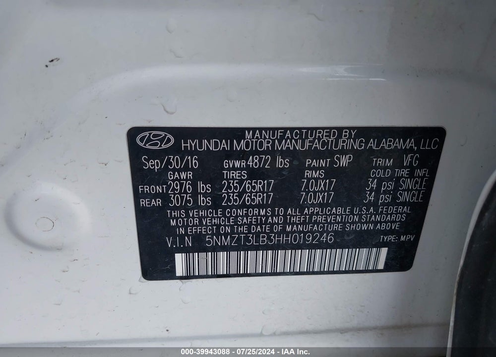 2017 HYUNDAI SANTA FE SPORT 2.4L VIN: 5NMZT3LB3HH019246