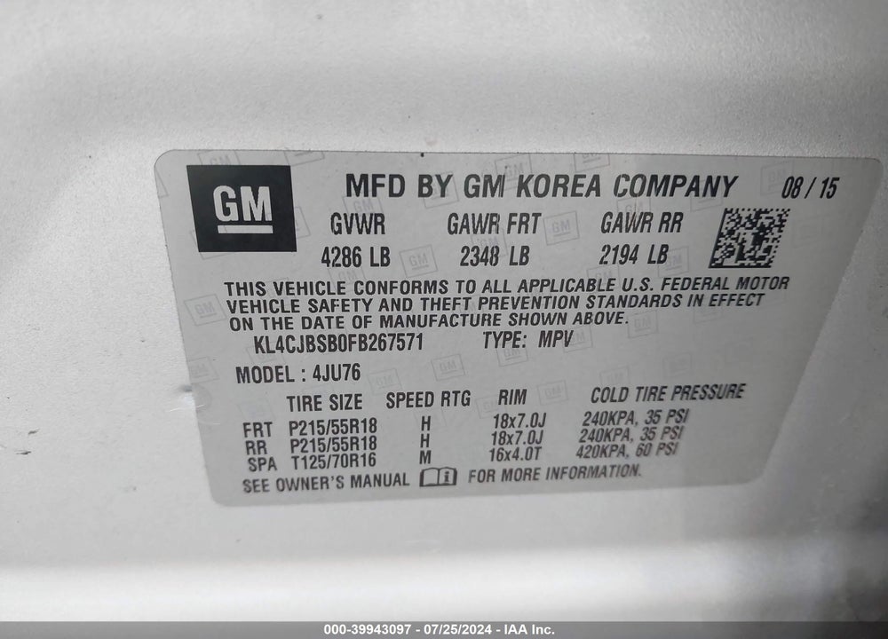 2015 BUICK ENCORE VIN: KL4CJBSB0FB267571