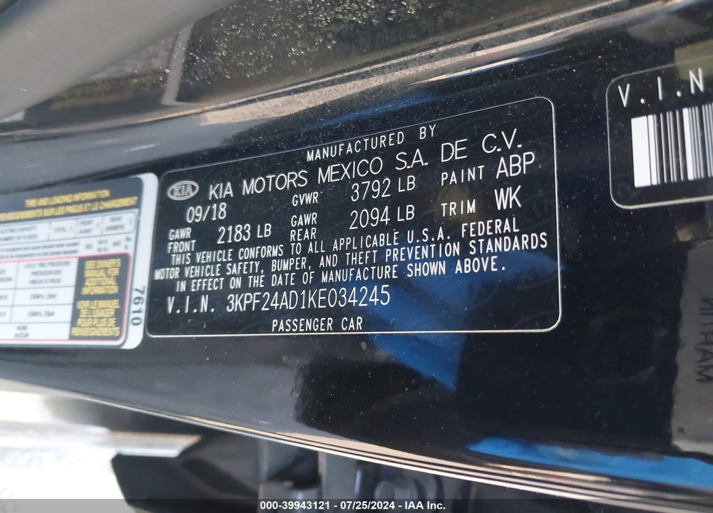 2019 KIA FORTE LXS VIN: 3KPF24AD1KE034245
