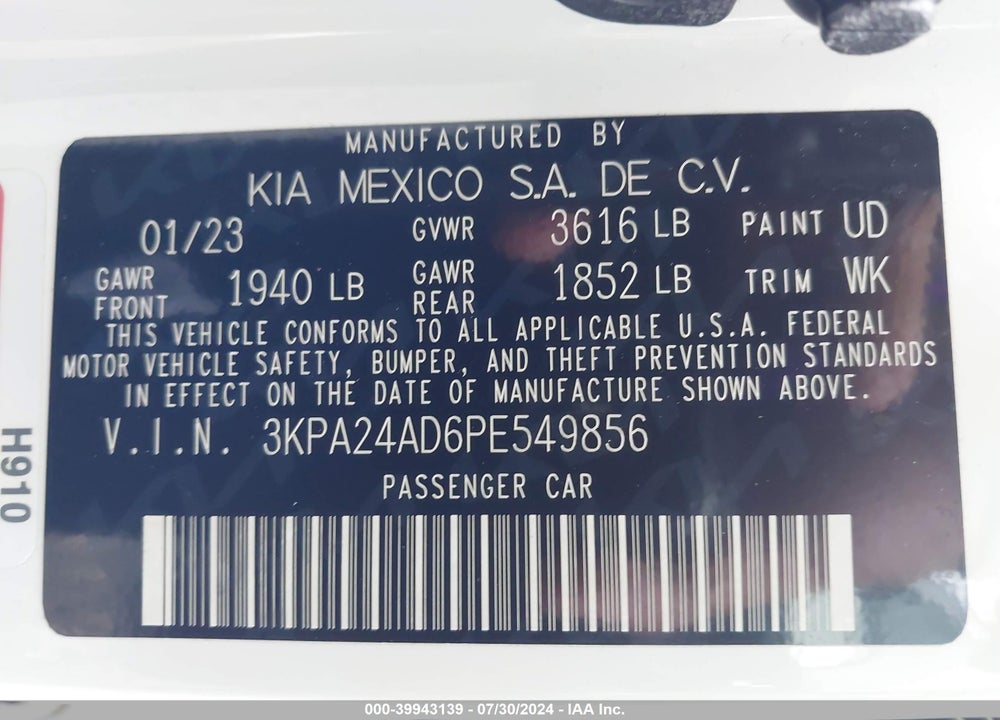 2023 KIA RIO VIN: 3KPA24AD6PE549856