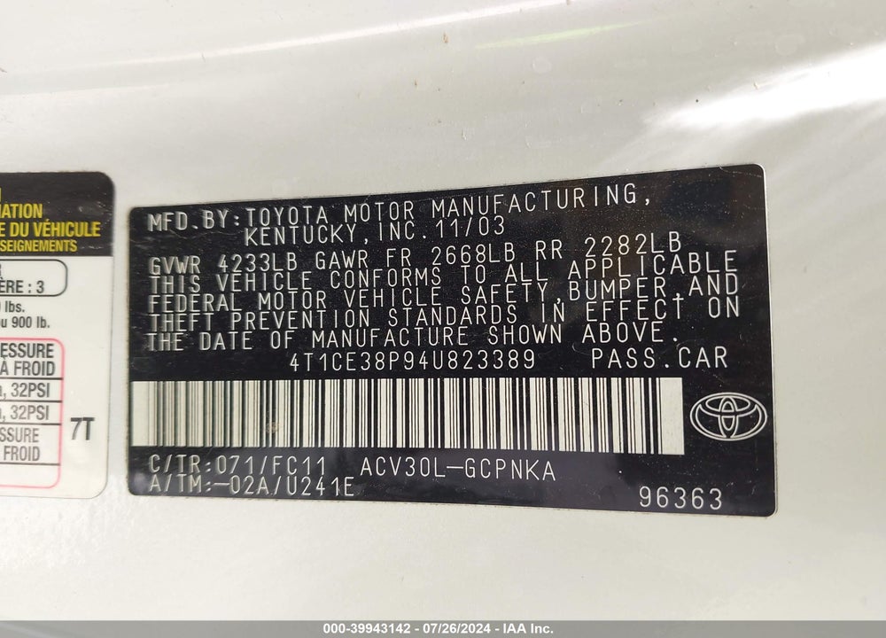 2004 TOYOTA CAMRY SOLARA SE SPORT VIN: 4T1CE38P94U823389