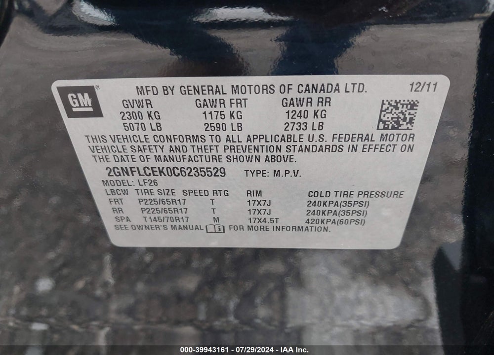 2012 CHEVROLET EQUINOX LS VIN: 2GNFLCEK0C6235529