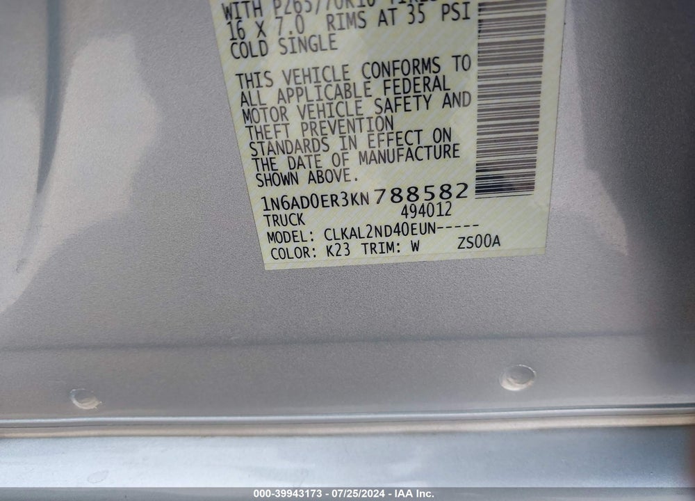 2019 NISSAN FRONTIER SV VIN: 1N6AD0ER3KN788582