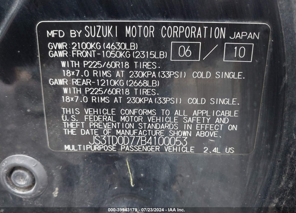 2011 SUZUKI GRAND VITARA LIMITED VIN: JS3TD0D77B4100053