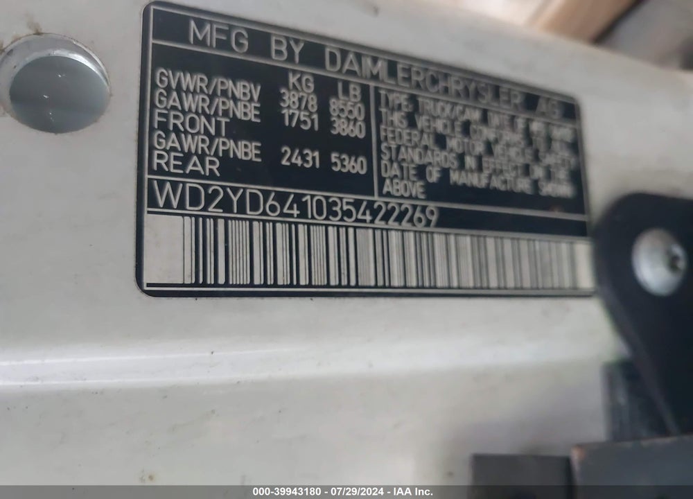 2003 DODGE SPRINTER VAN 2500 HIGH CEILING/SUPER HIGH CEILING VIN: WD2YD641035422269