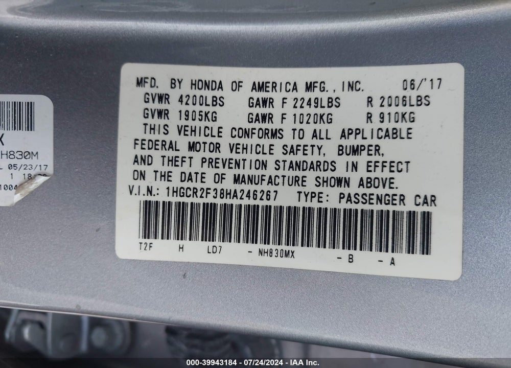 2017 HONDA ACCORD LX VIN: 1HGCR2F38HA246267