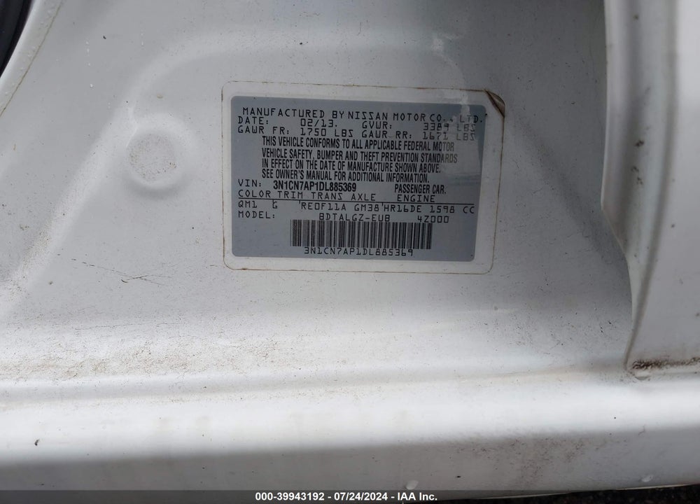 2013 NISSAN VERSA 1.6 SL VIN: 3N1CN7AP1DL885369