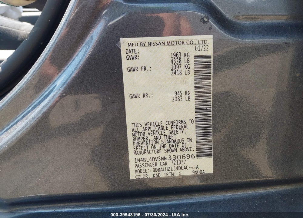 2022 NISSAN ALTIMA SV FWD VIN: 1N4BL4DV5NN330696