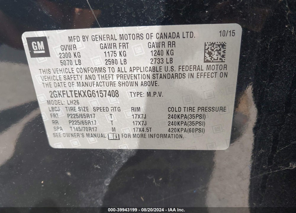 2016 GMC TERRAIN SLE-2 VIN: 2GKFLTEKXG6157408