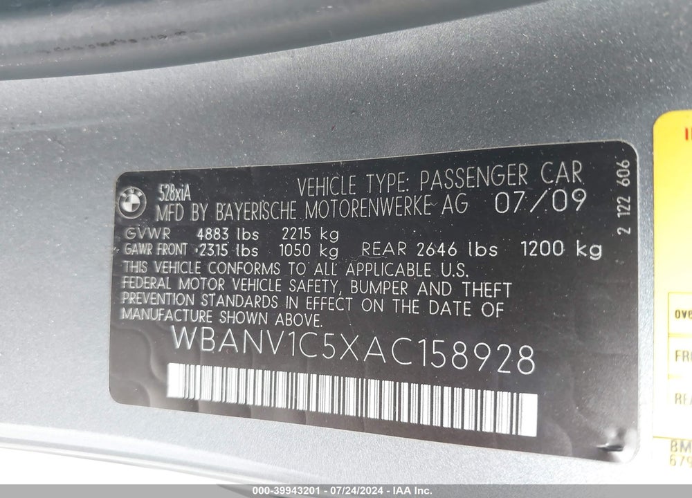 2010 BMW 528I XDRIVE VIN: WBANV1C5XAC158928