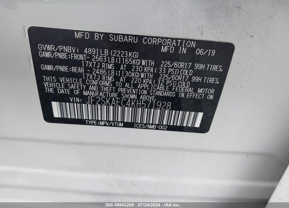 2019 SUBARU FORESTER PREMIUM VIN: JF2SKAEC4KH571928