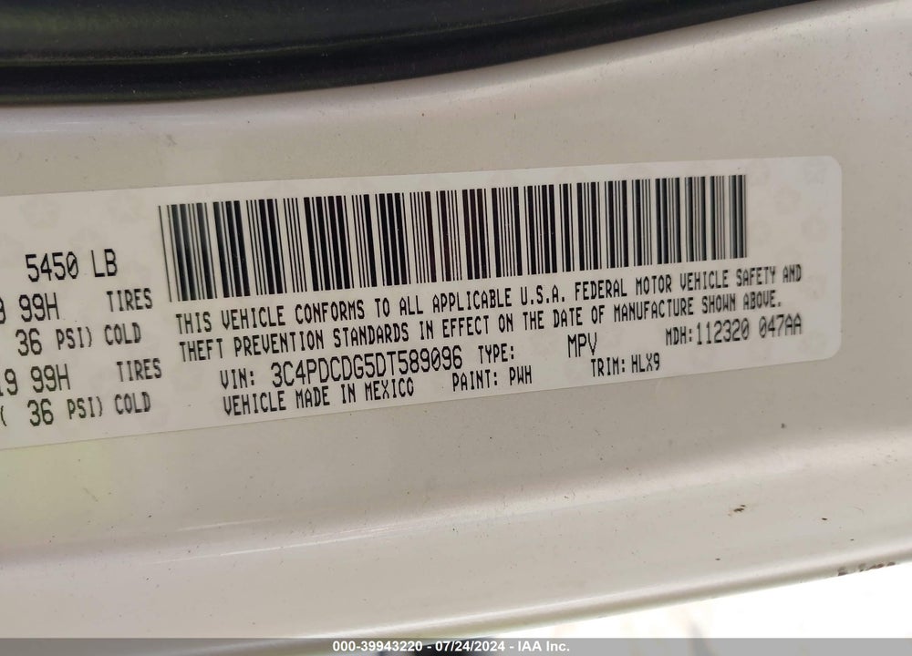 2013 DODGE JOURNEY CREW VIN: 3C4PDCDG5DT589096