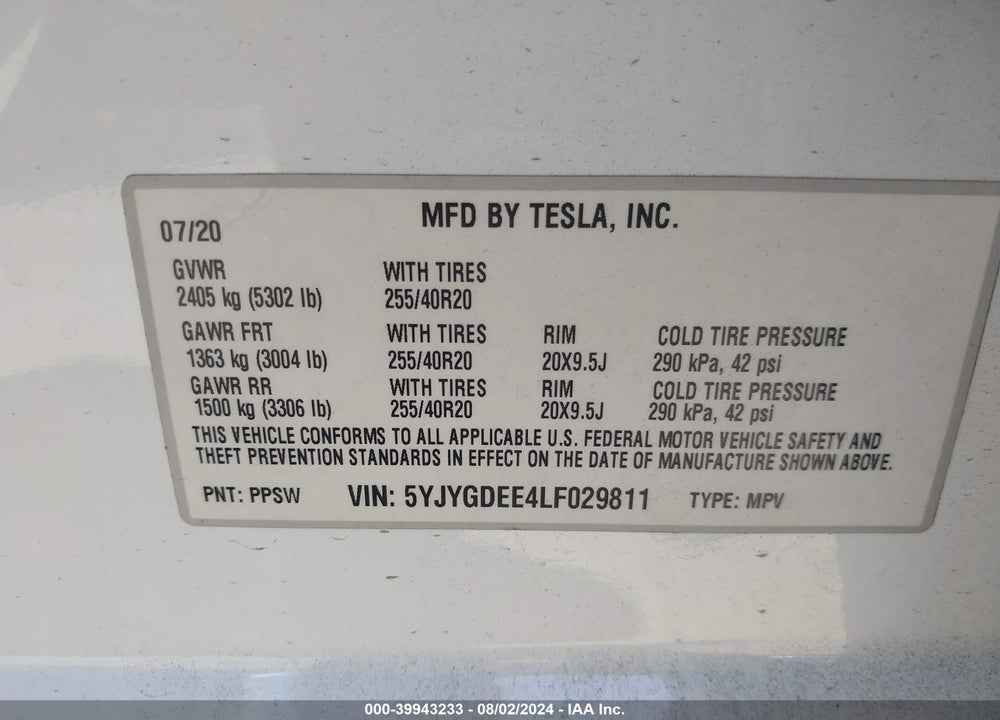 2020 TESLA MODEL Y LONG RANGE DUAL MOTOR ALL-WHEEL DRIVE VIN: 5YJYGDEE4LF029811