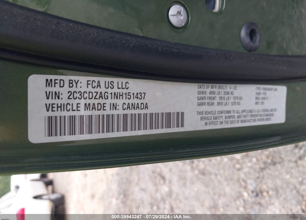 2022 DODGE CHALLENGER SXT VIN: 2C3CDZAG1NH151437