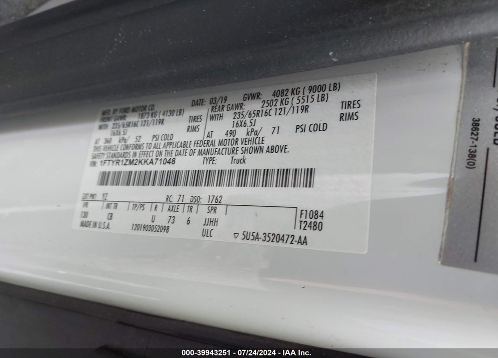 2019 FORD TRANSIT-250 VIN: 1FTYR1ZM2KKA71048