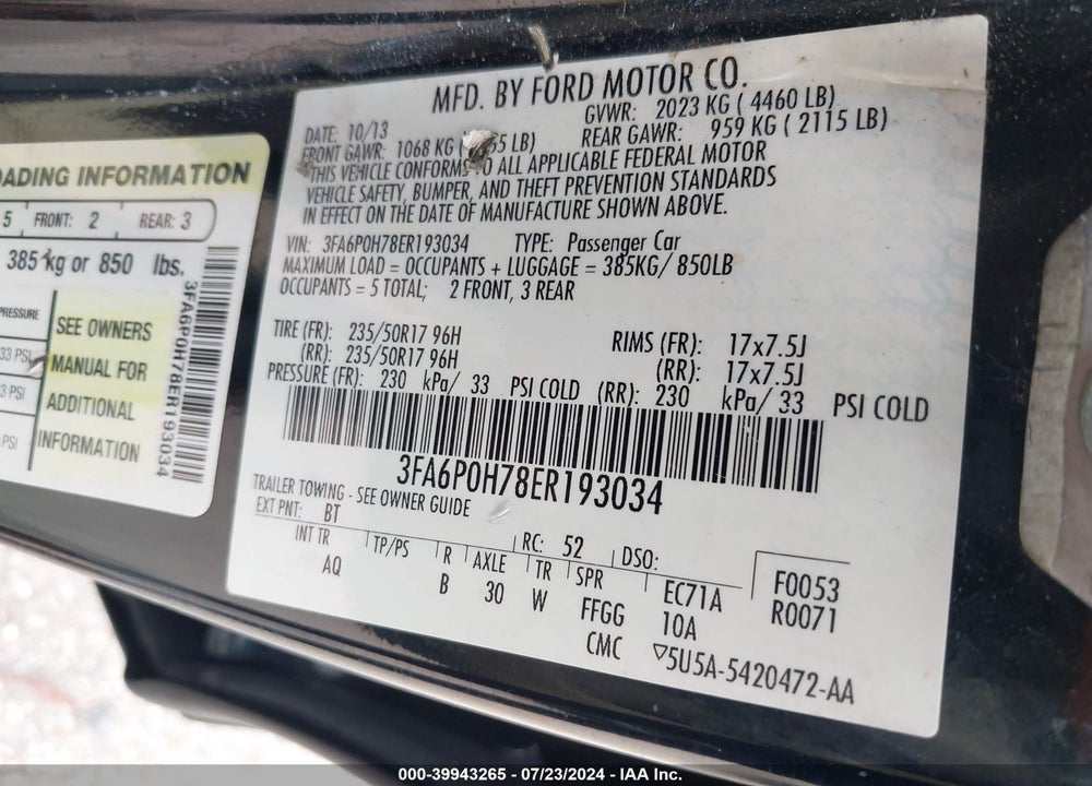 2014 FORD FUSION SE VIN: 3FA6P0H78ER193034