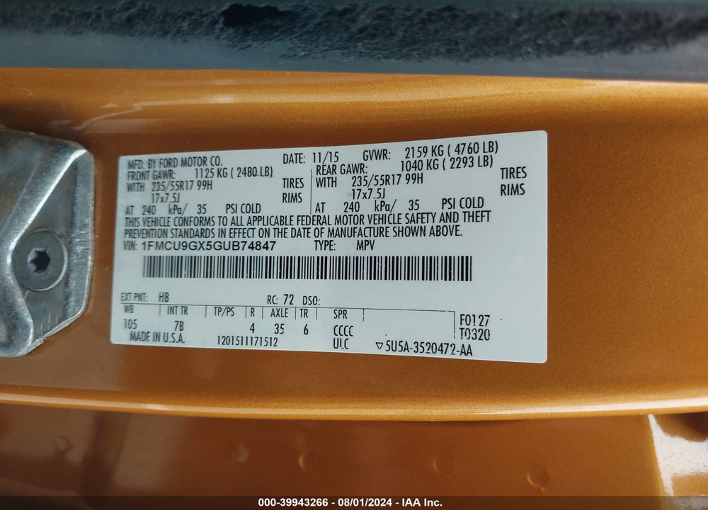 2016 FORD ESCAPE SE VIN: 1FMCU9GX5GUB74847