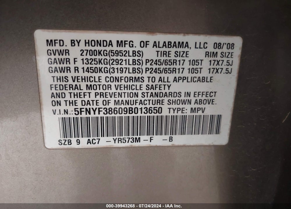 2009 HONDA PILOT EX-L VIN: 5FNYF38609B013650