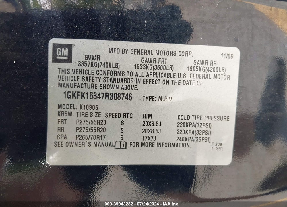 2007 GMC YUKON XL 1500 SLE/SLT VIN: 1GKFK16347R308746