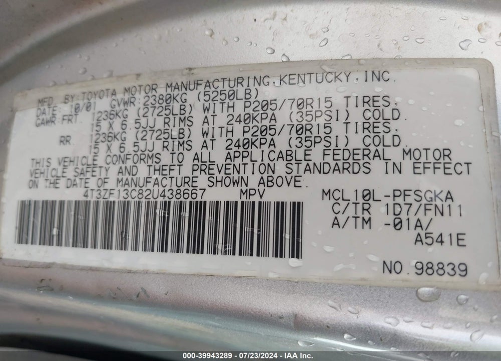 2002 TOYOTA SIENNA VIN: 4T3ZF13C82U438667