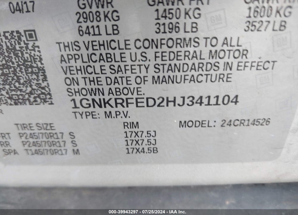 2017 CHEVROLET TRAVERSE LS VIN: 1GNKRFED2HJ341104