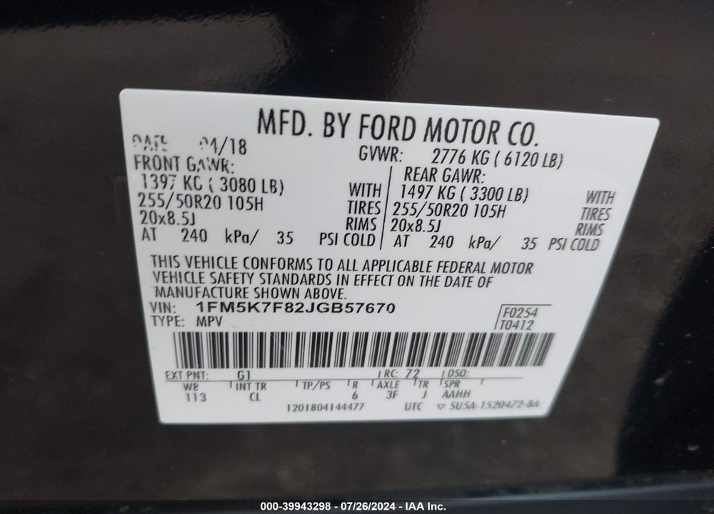 2018 FORD EXPLORER LIMITED VIN: 1FM5K7F82JGB57670