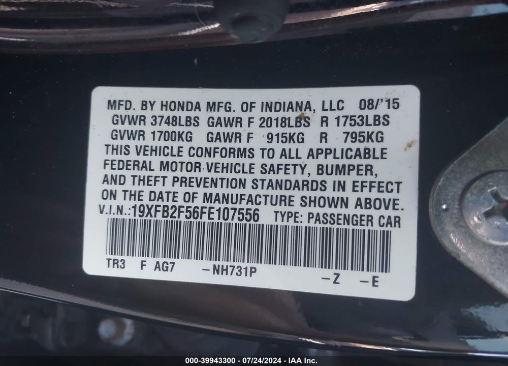 2015 HONDA CIVIC LX VIN: 19XFB2F56FE107556