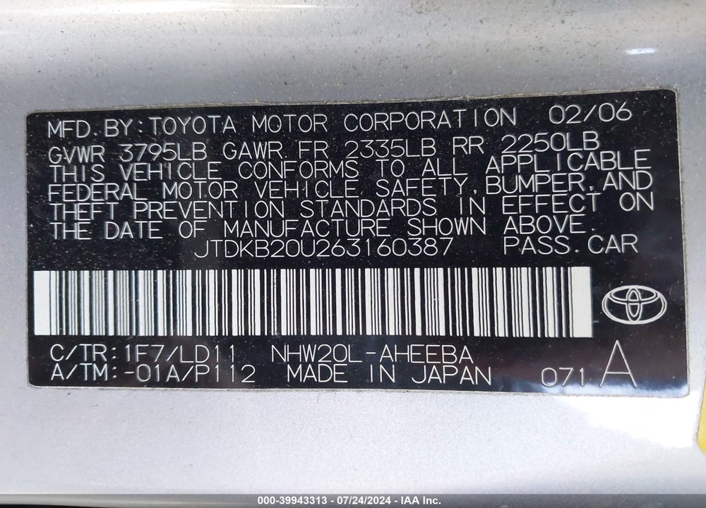 2006 TOYOTA PRIUS VIN: JTDKB20U263160387