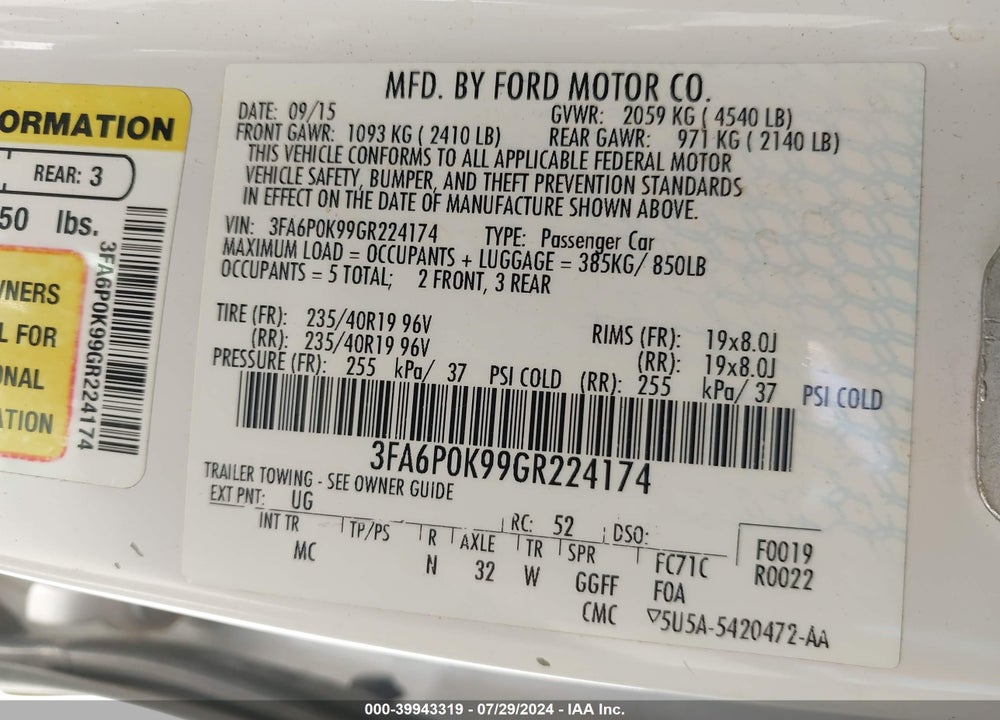 2016 FORD FUSION TITANIUM VIN: 3FA6P0K99GR224174