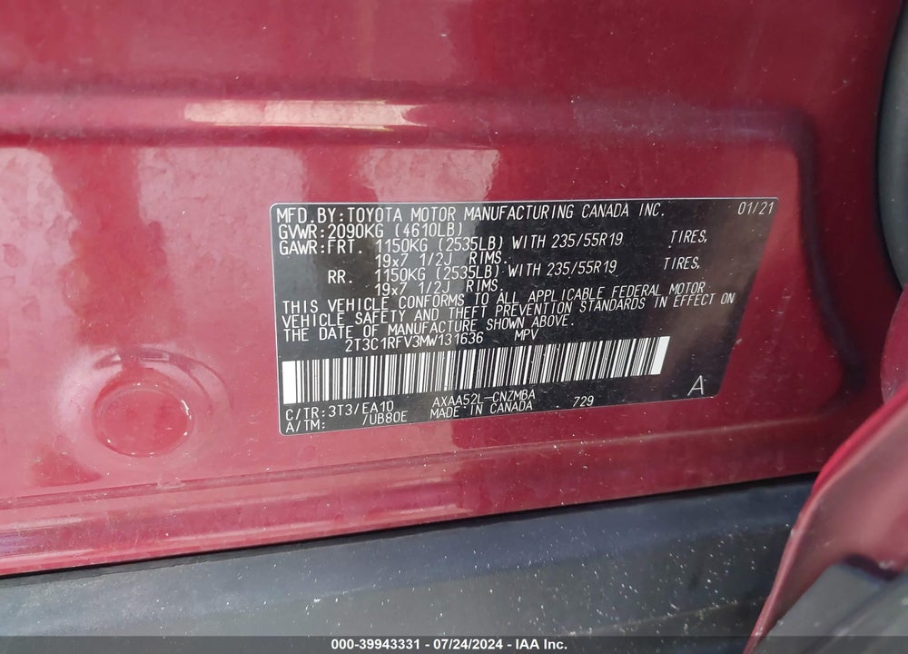 2021 TOYOTA RAV4 XLE PREMIUM VIN: 2T3C1RFV3MW131636