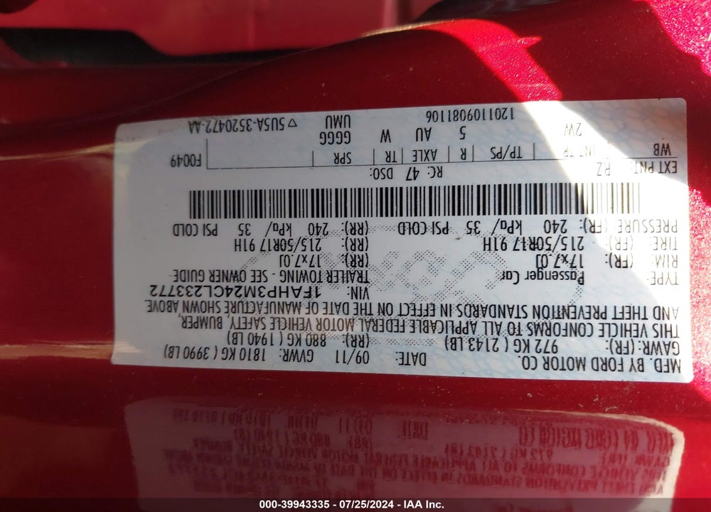 2012 FORD FOCUS SEL VIN: 1FAHP3M24CL233772