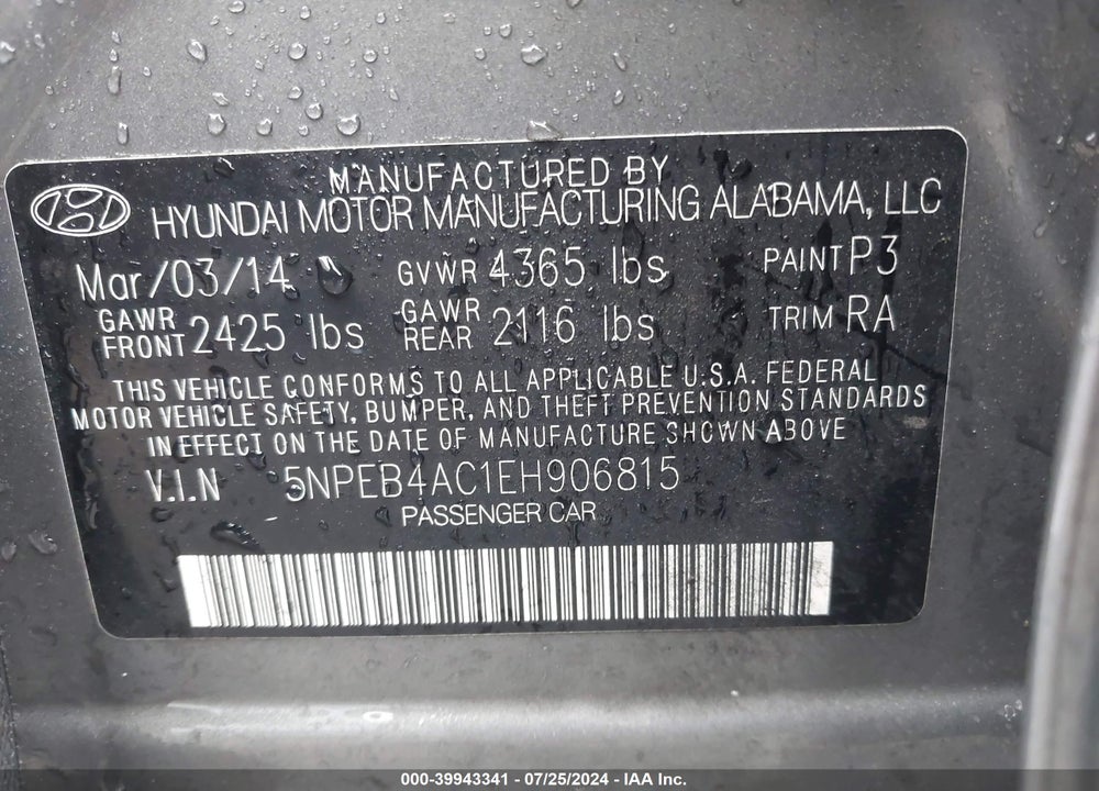 2014 HYUNDAI SONATA GLS VIN: 5NPEB4AC1EH906815