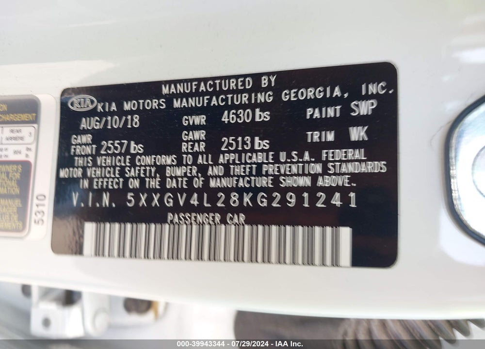 2019 KIA OPTIMA SX TURBO VIN: 5XXGV4L28KG291241