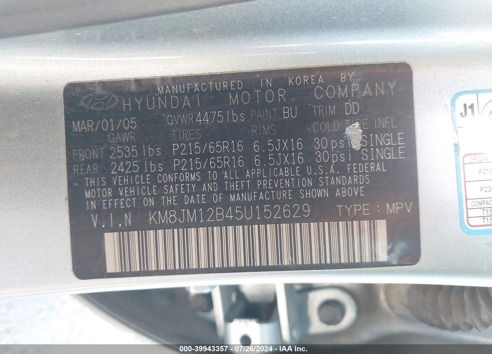 2005 HYUNDAI TUCSON GL VIN: KM8JM12B45U152629