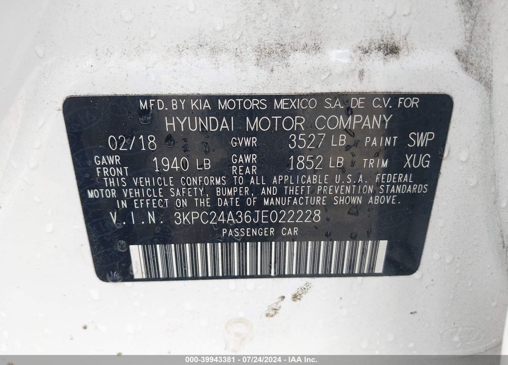 2018 HYUNDAI ACCENT SE VIN: 3KPC24A36JE022228
