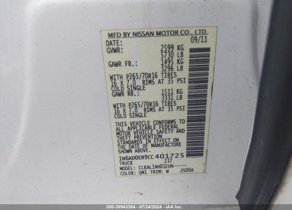2012 NISSAN FRONTIER S VIN: 1N6AD0ER9CC401725