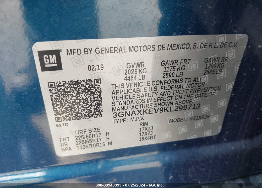 2019 CHEVROLET EQUINOX LT VIN: 3GNAXKEV9KL299713