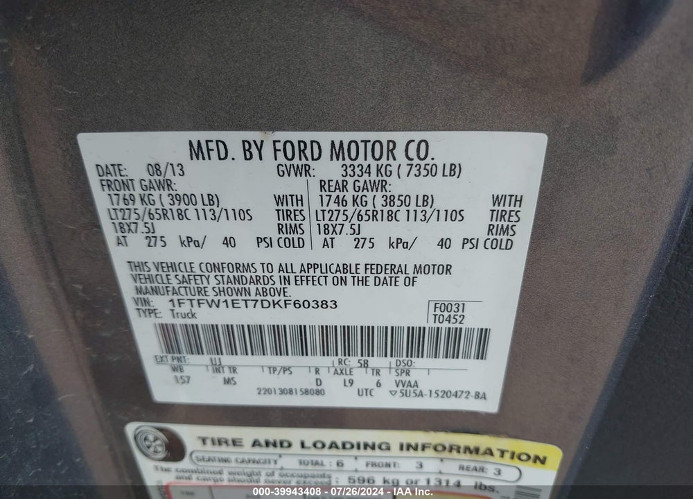 2013 FORD F-150 XLT VIN: 1FTFW1ET7DKF60383