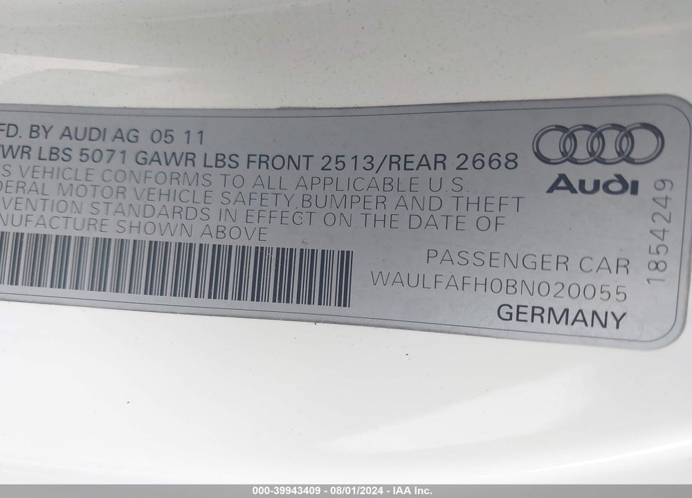 2011 AUDI A5 2.0T PREMIUM VIN: WAULFAFH0BN020055