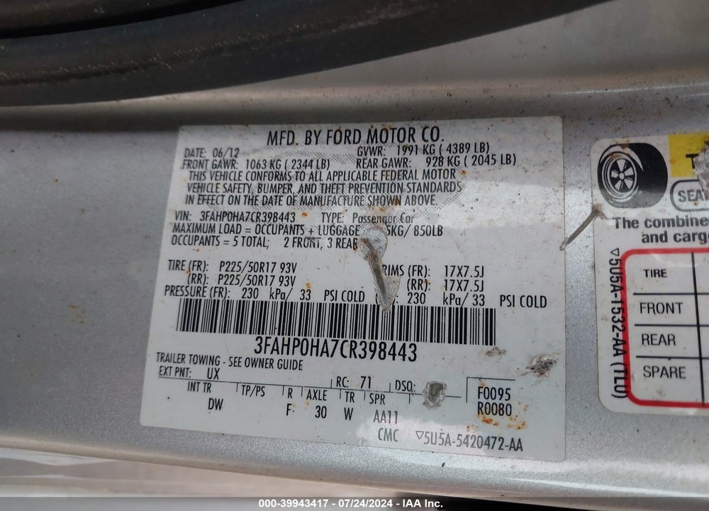 2012 FORD FUSION SE VIN: 3FAHP0HA7CR398443