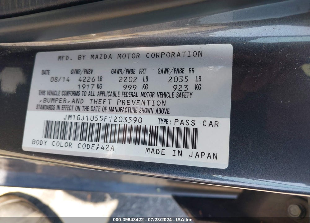 2015 MAZDA 6 I SPORT VIN: JM1GJ1U55F1203590