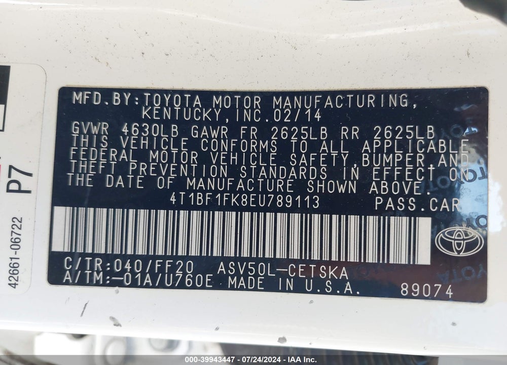 2014 TOYOTA CAMRY VIN: 4T1BF1FK8EU789113